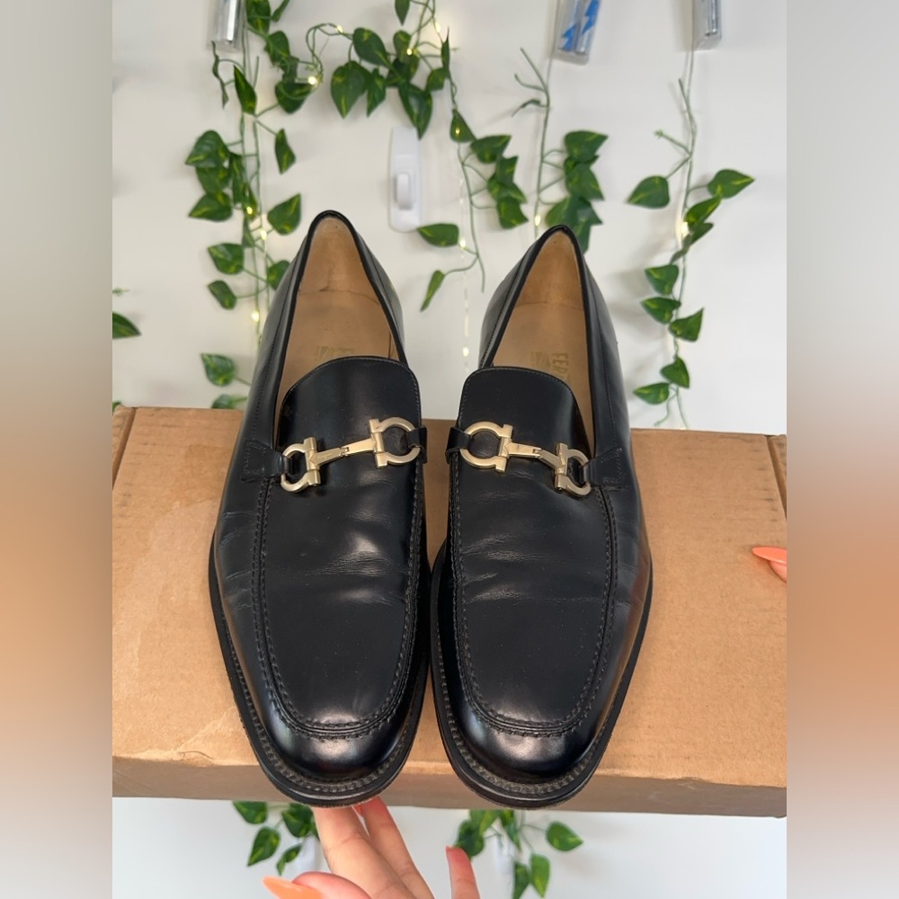 Salvatore Ferragamo Black Leather Loafers with Gold Buckle - Sz. 11.5